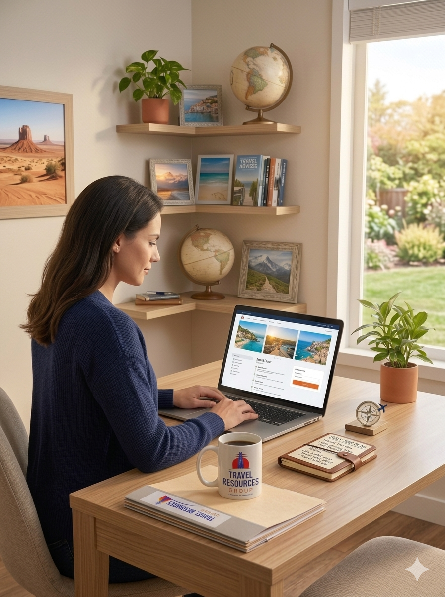 Independent Travel Advisor working in their virtual office with Travel Resources Group services and earning competitive commission rates.